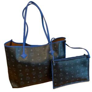 MCM Black/Blue Kira Visetos Coated Canvas/Leather Shopper Tote w/ Matching Pouch
